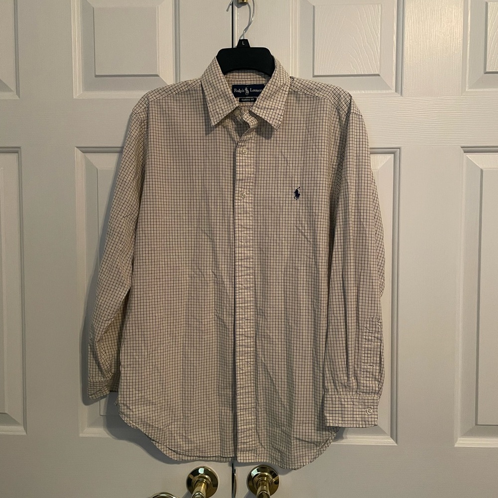 Polo Ralph Lauren Men’s cream colored button up with yellow and blue stripes.